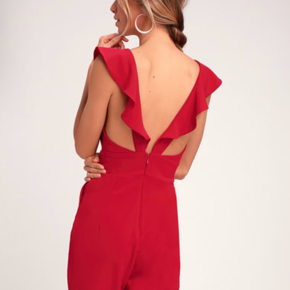 Lulu's Red Ruffle V-Neck Jumpsuit - Picture 2 of 3